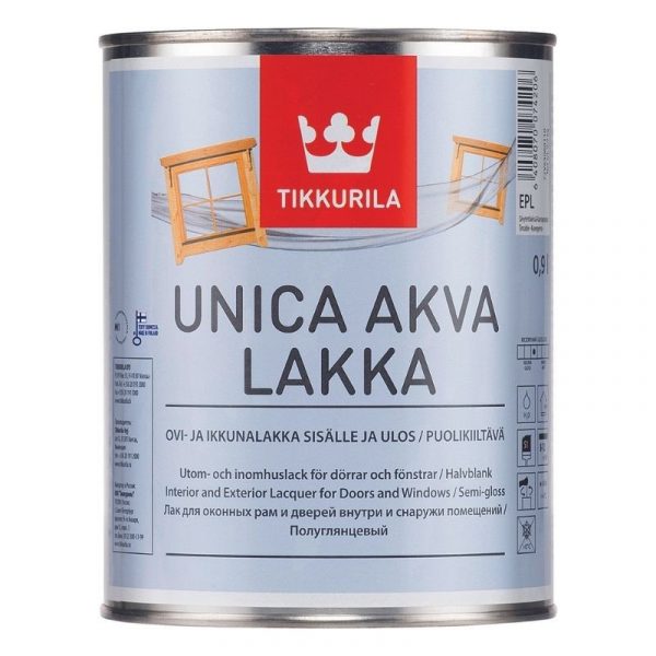 Ovi- ja ikkunalakka Unica Akva 0,9 l puolikiiltävä