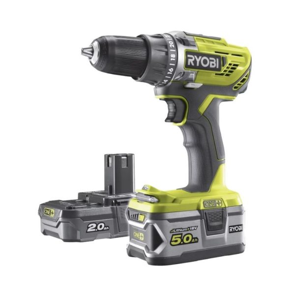 Akkuporakone Ryobi R18DD3-252S 18V ONE+ 5,0 Ah ja 2,0 Ah akut